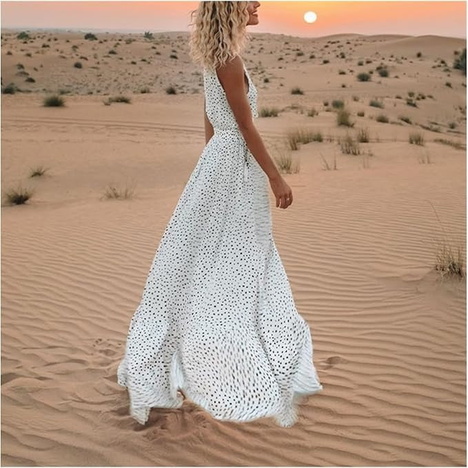 Abito lungo fluido boho da donna a pois