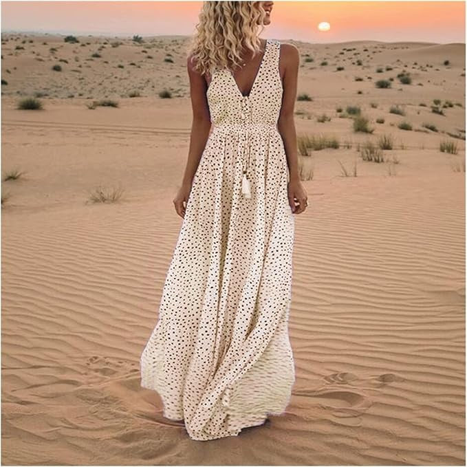 Abito lungo fluido boho da donna a pois