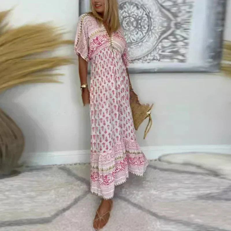 Abito lungo boho con stampa da donna per l'autunno