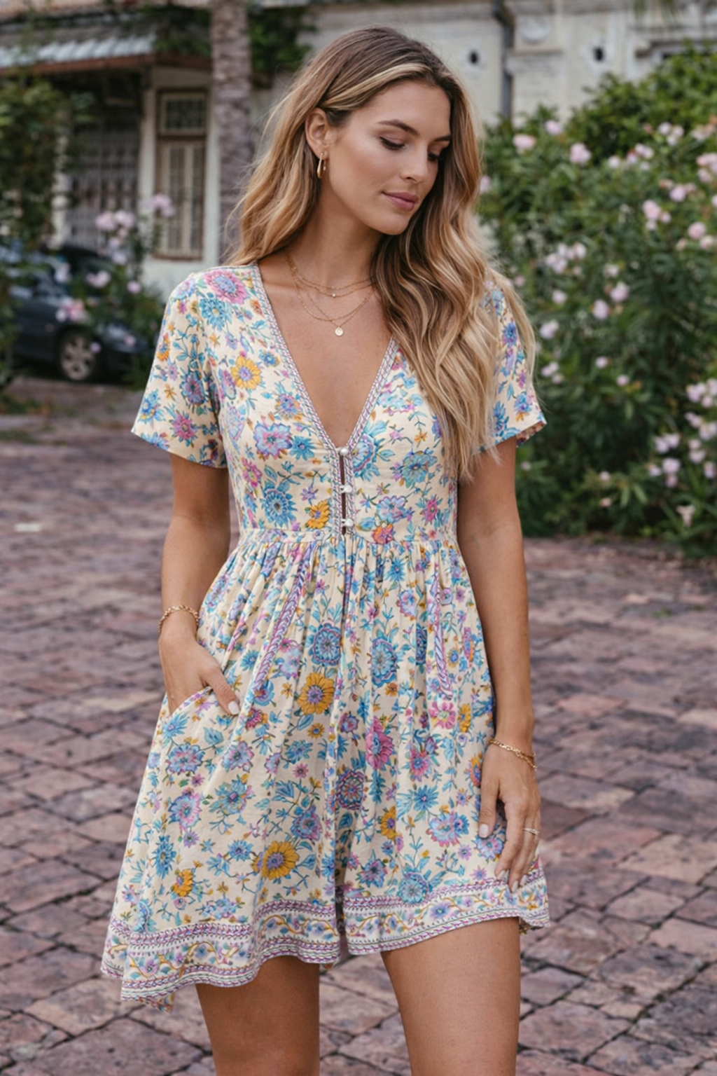 Abito Mini Donna Crema a Fiori