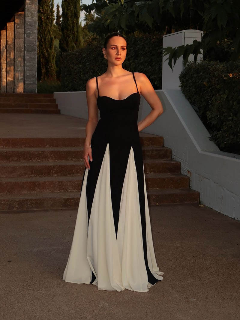 Abito lungo elegante donna bianco e nero