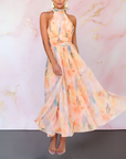 Abito lungo elegante da donna con collo all'americana