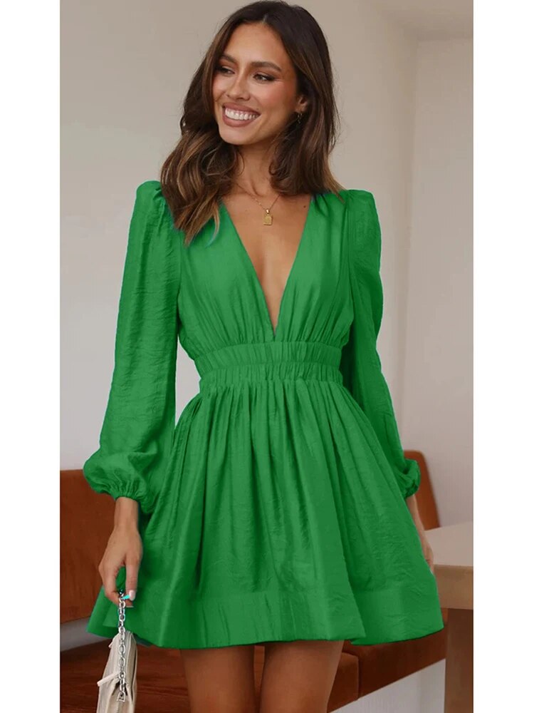 Abito mini donna con volant – maniche lunghe collo a V orlo arricciato