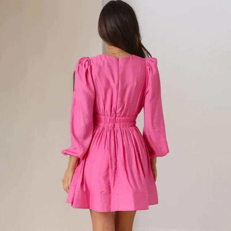 Abito mini donna con volant – maniche lunghe collo a V orlo arricciato