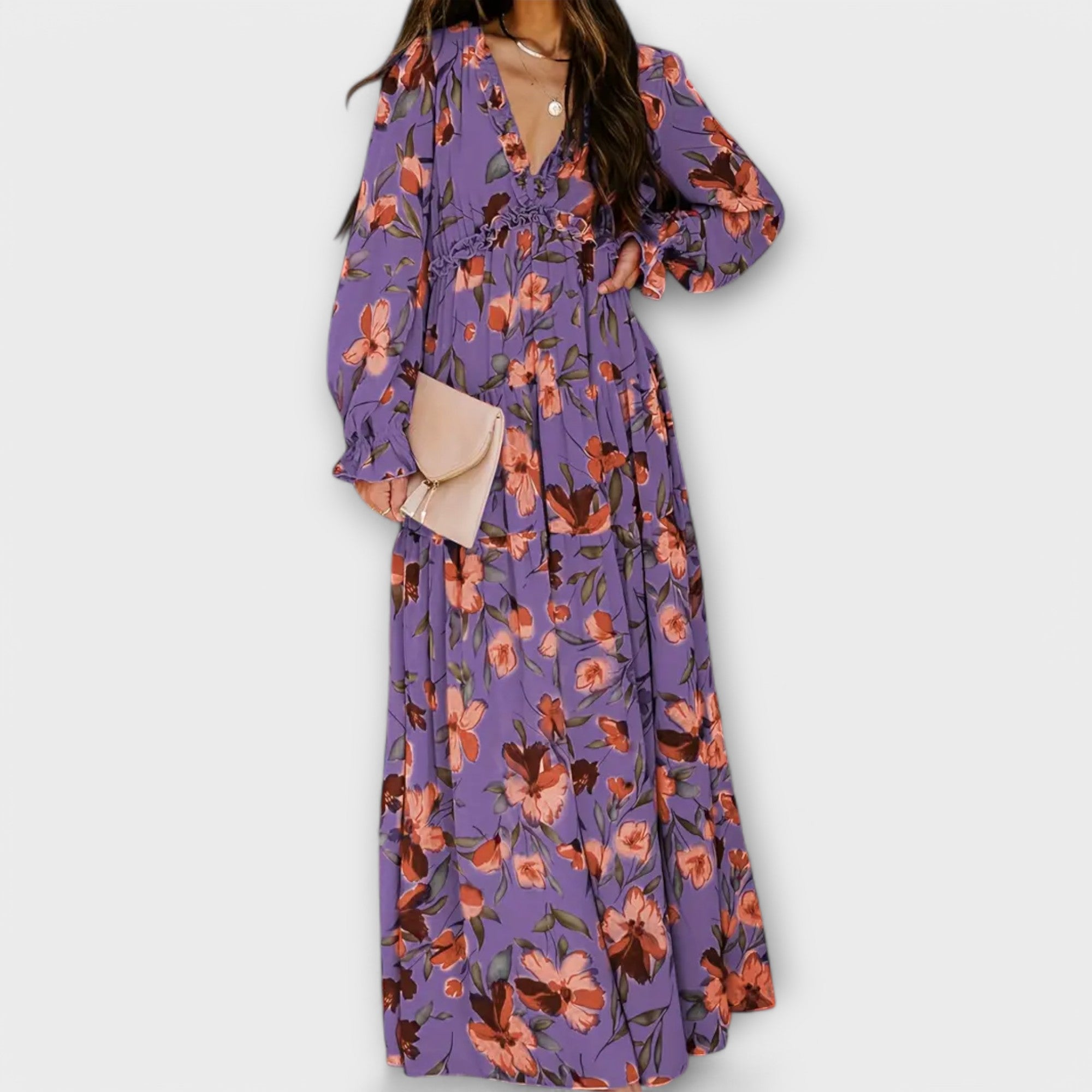 Abito lungo da donna con scollo a V e fantasia floreale