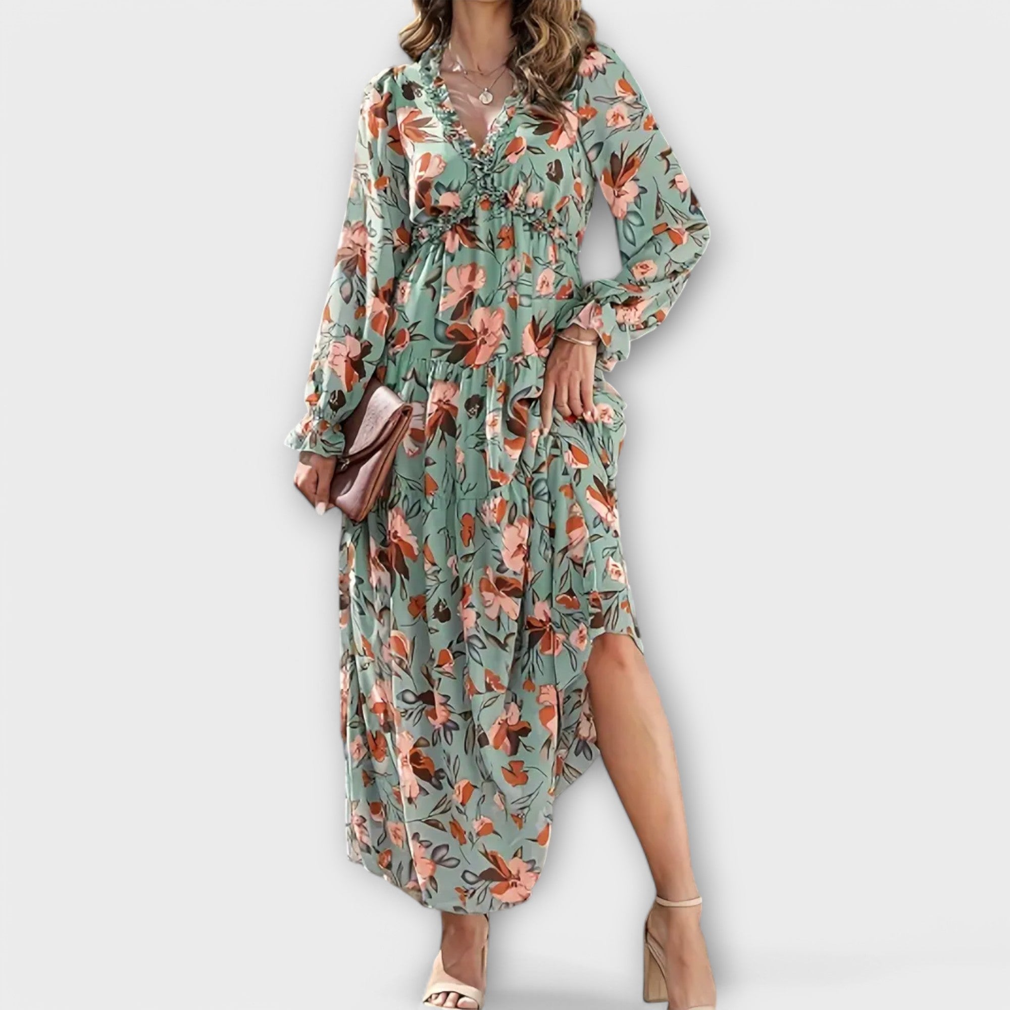 Abito lungo da donna con scollo a V e fantasia floreale