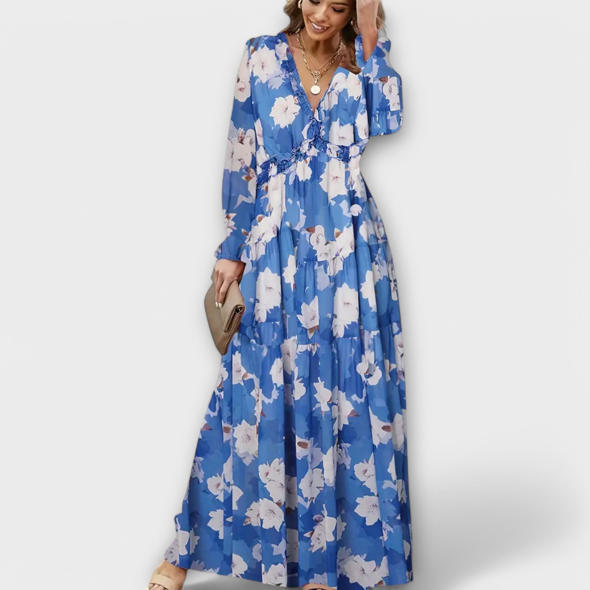 Abito lungo da donna con scollo a V e fantasia floreale