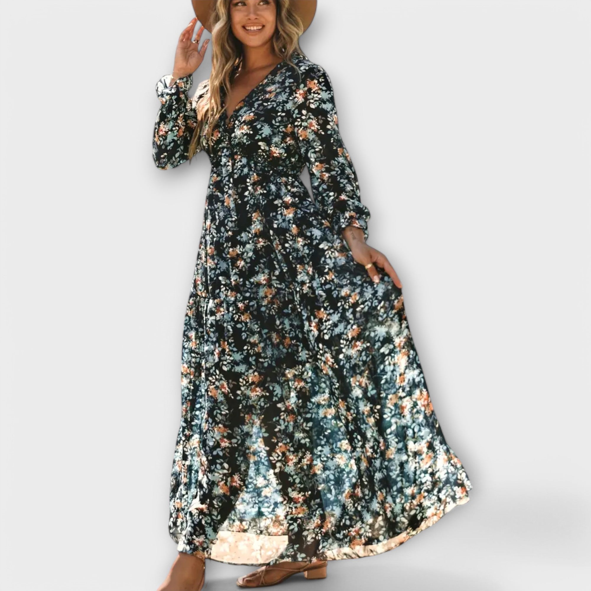 Abito lungo da donna con scollo a V e fantasia floreale