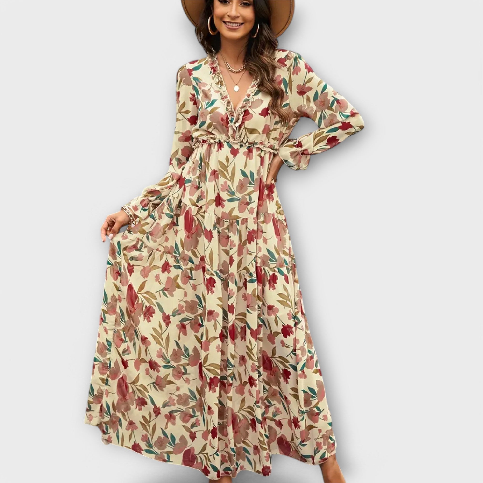 Abito lungo da donna con scollo a V e fantasia floreale
