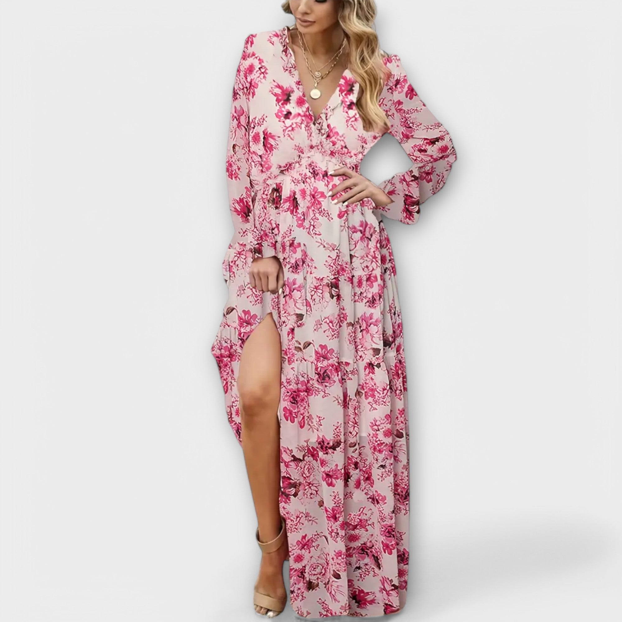 Abito lungo da donna con scollo a V e fantasia floreale