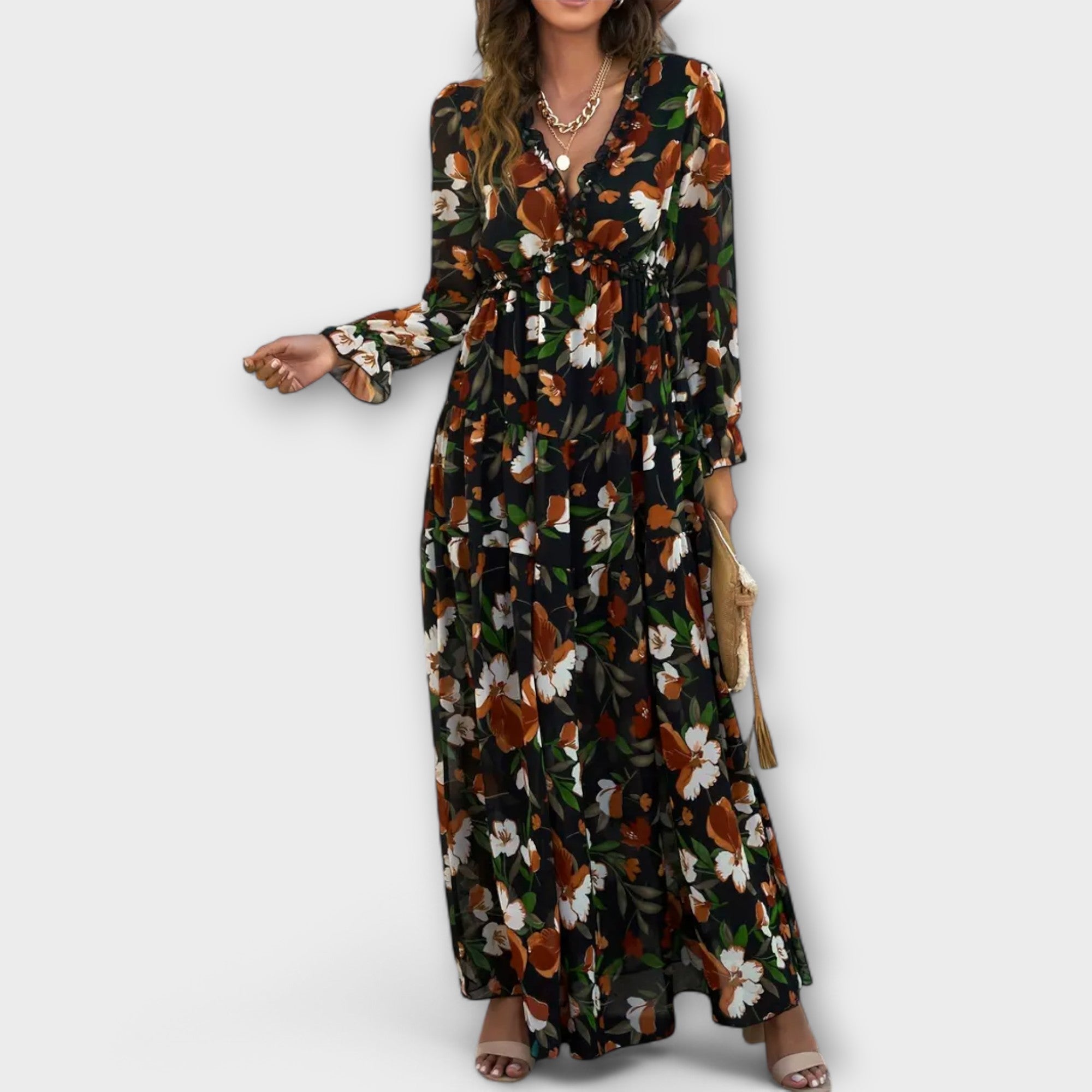 Abito lungo da donna con scollo a V e fantasia floreale