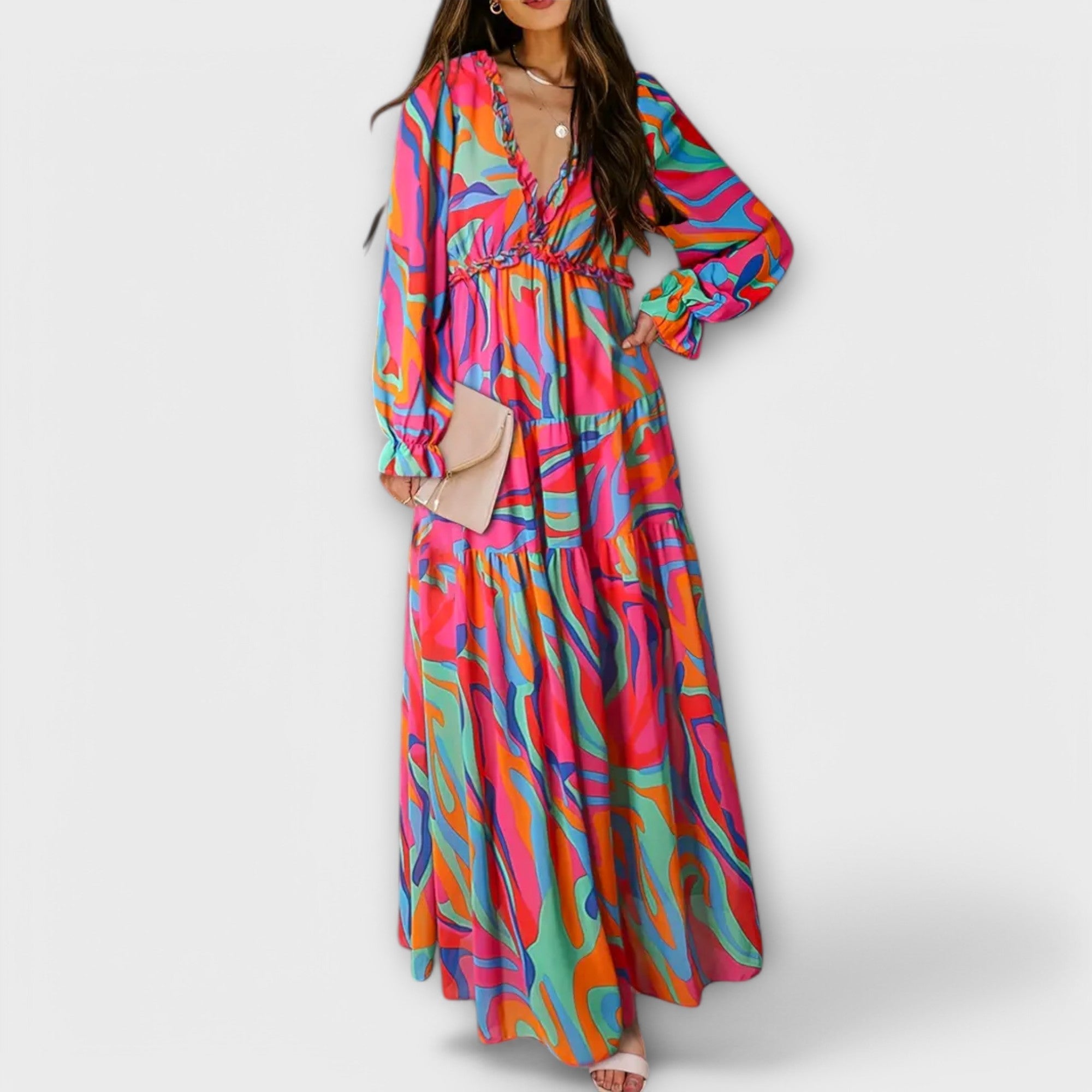 Abito lungo da donna con scollo a V e fantasia floreale
