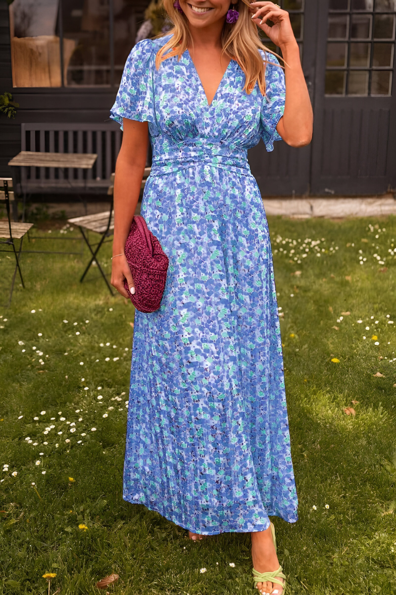 Abito lungo donna in tessuto leggero, scollo a V — vista 4