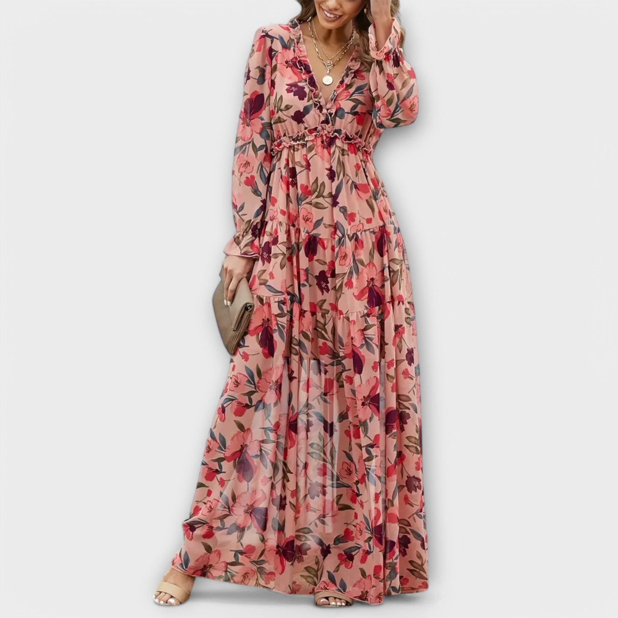 Abito lungo da donna con scollo a V e fantasia floreale
