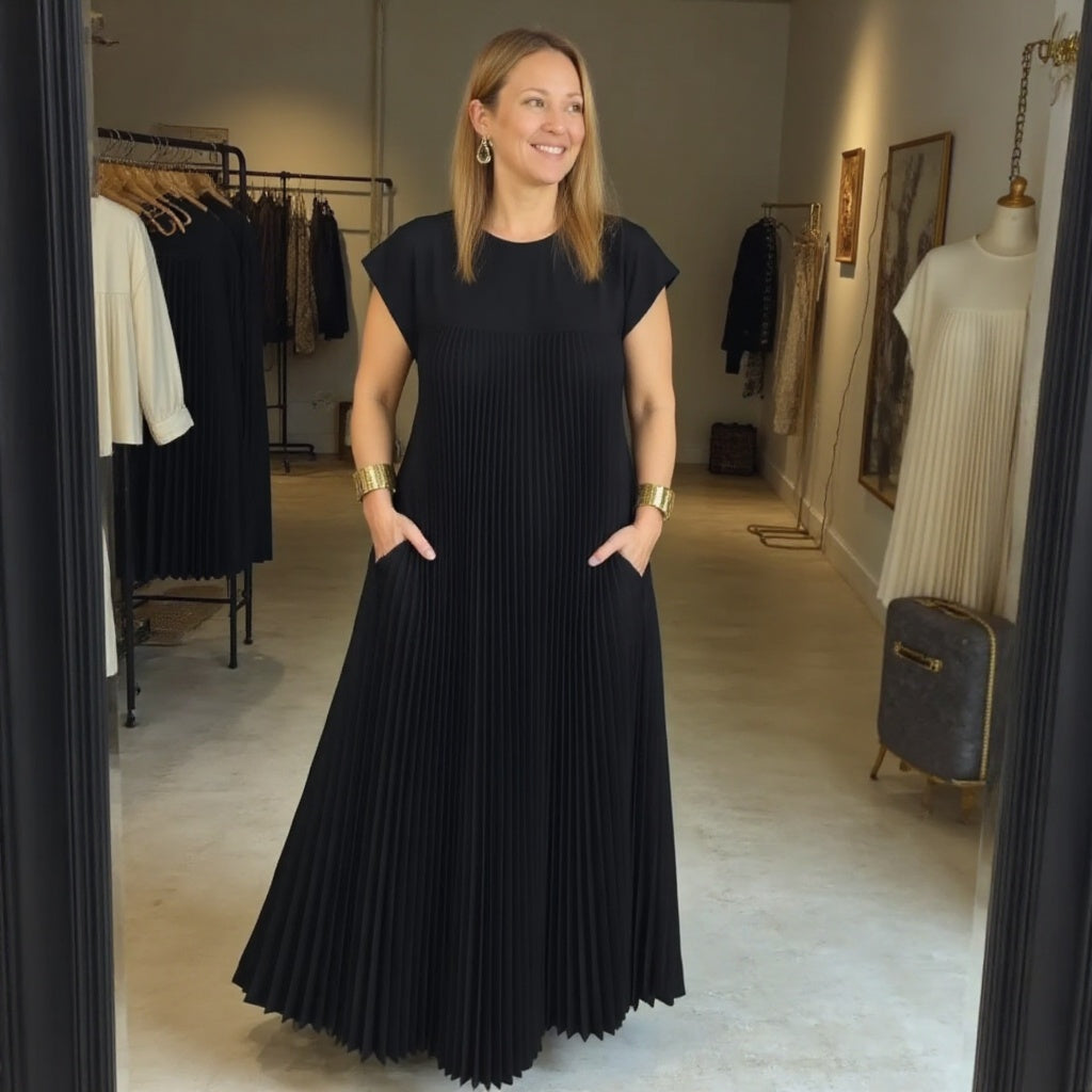Abito lungo plissettato fluido da donna per eventi cocktail