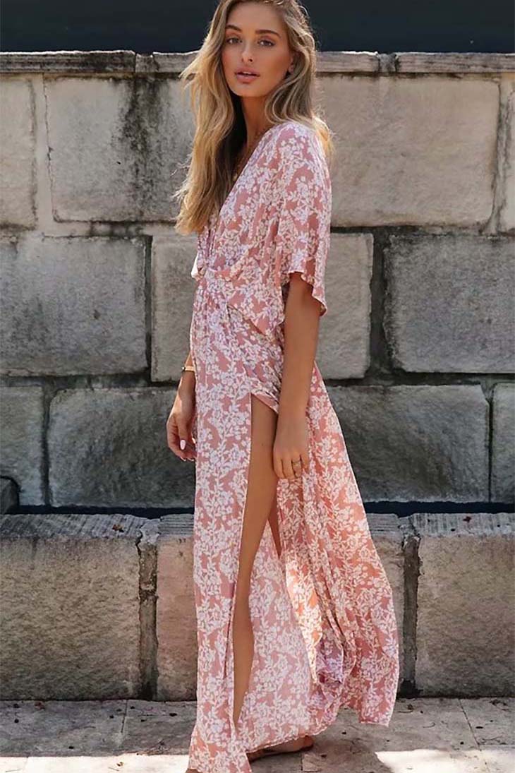 Abito lungo rosa da donna con scollo a incrocio