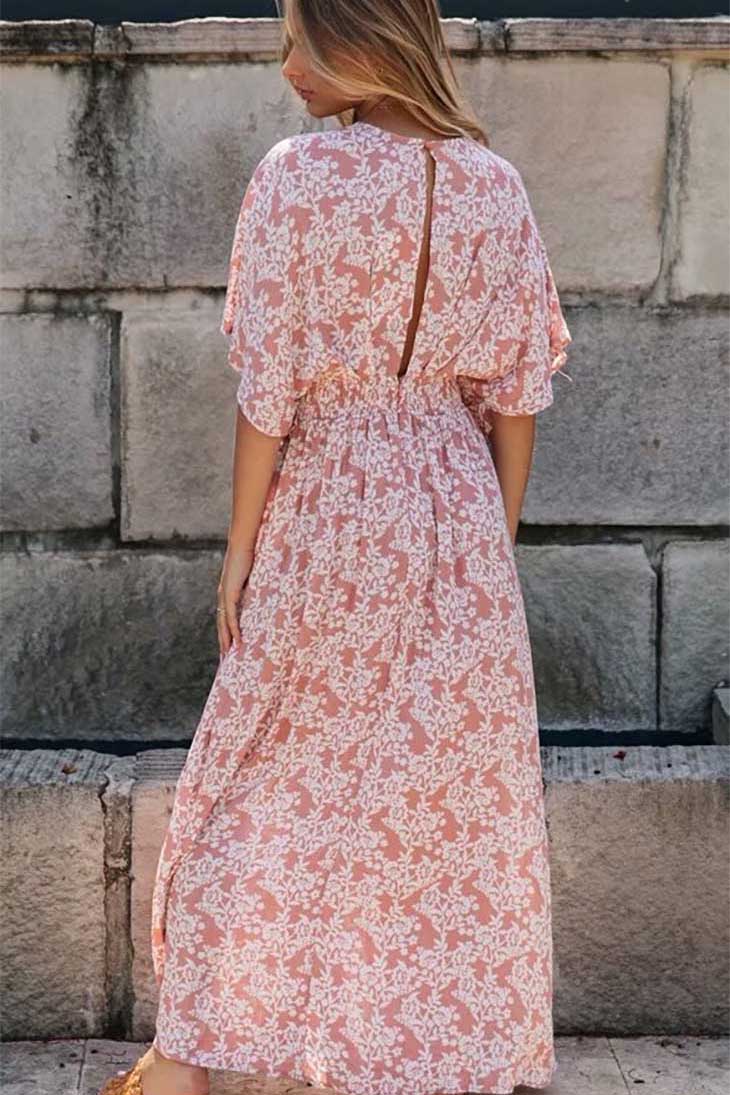 Abito lungo rosa da donna con scollo a incrocio