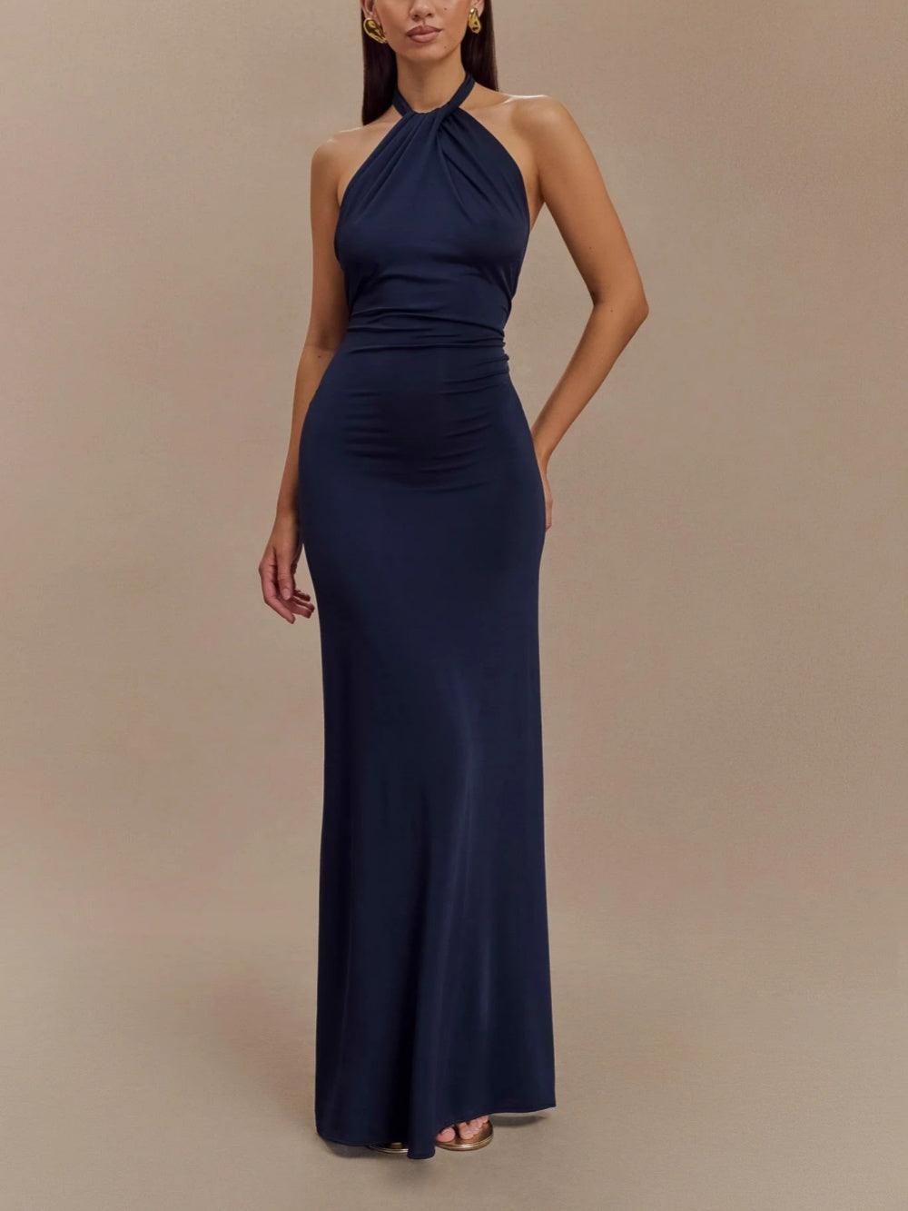 Abito lungo da donna con scollo all'americana e tessuto fluido