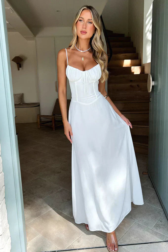 Abito lungo da donna con spalline sottili e incrocio, ideale per invitate a matrimoni