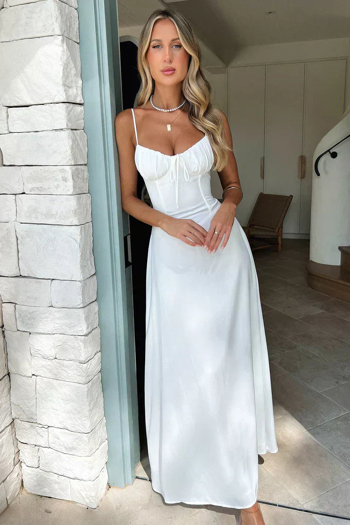Abito lungo da donna con spalline sottili e incrocio, ideale per invitate a matrimoni