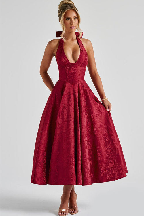 Abito lungo da donna senza maniche in jacquard con scollo a V e collo all'americana