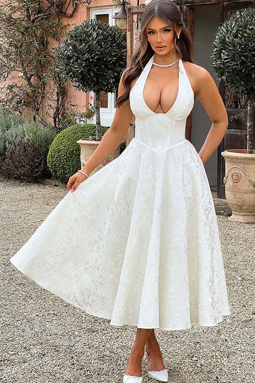 Abito lungo da donna senza maniche in jacquard con scollo a V e collo all'americana