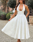 Abito lungo da donna senza maniche in jacquard con scollo a V e collo all'americana