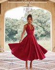 Abito lungo da donna senza maniche in jacquard con scollo a V e collo all'americana