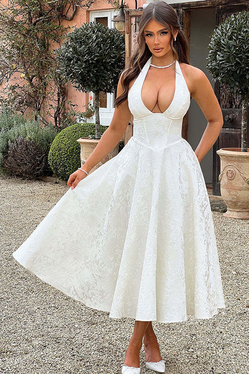 Abito lungo da donna senza maniche in jacquard con scollo a V e collo all'americana