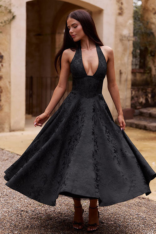 Abito lungo da donna senza maniche in jacquard con scollo a V e collo all'americana