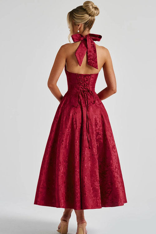 Abito lungo da donna senza maniche in jacquard con scollo a V e collo all'americana