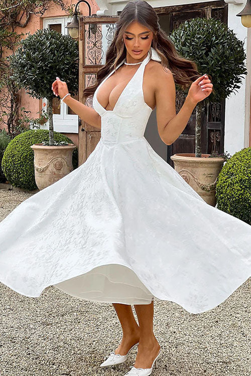 Abito lungo da donna senza maniche in jacquard con scollo a V e collo all'americana