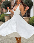 Abito lungo da donna senza maniche in jacquard con scollo a V e collo all'americana