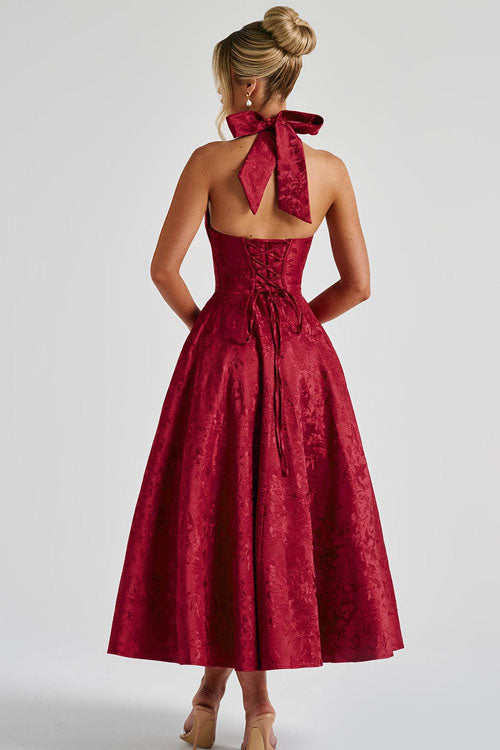 Abito lungo da donna senza maniche in jacquard con scollo a V e collo all'americana