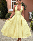 Abito lungo da donna senza maniche in jacquard con scollo a V e collo all'americana