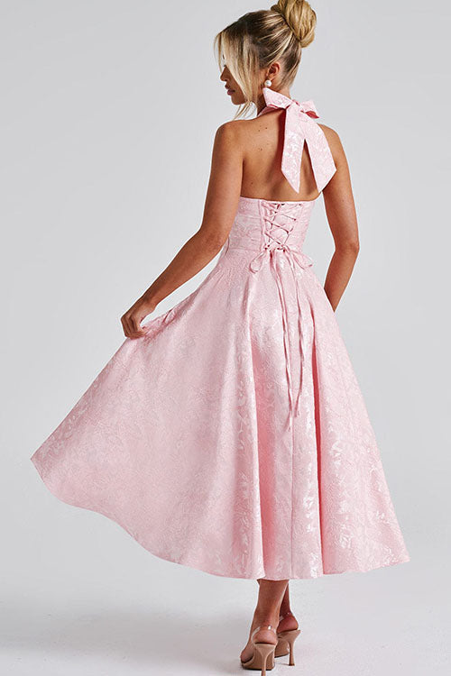 Abito lungo da donna senza maniche in jacquard con scollo a V e collo all'americana