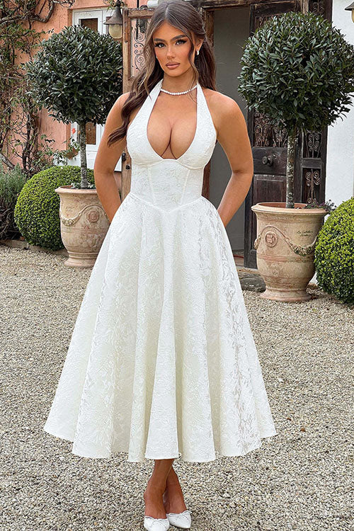 Abito lungo da donna senza maniche in jacquard con scollo a V e collo all'americana