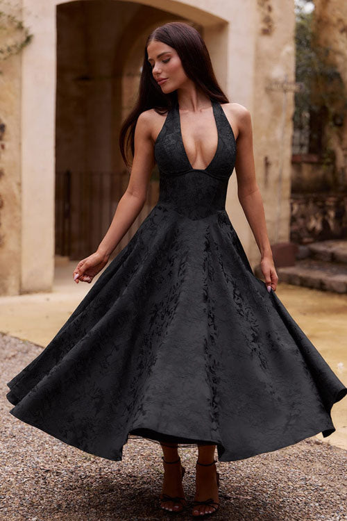 Abito lungo da donna senza maniche in jacquard con scollo a V e collo all'americana