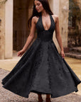 Abito lungo da donna senza maniche in jacquard con scollo a V e collo all'americana