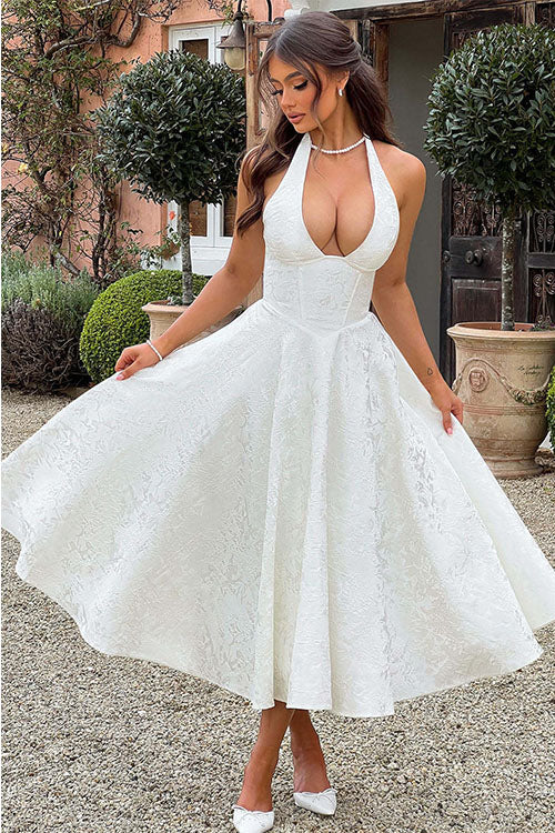 Abito lungo da donna senza maniche in jacquard con scollo a V e collo all'americana