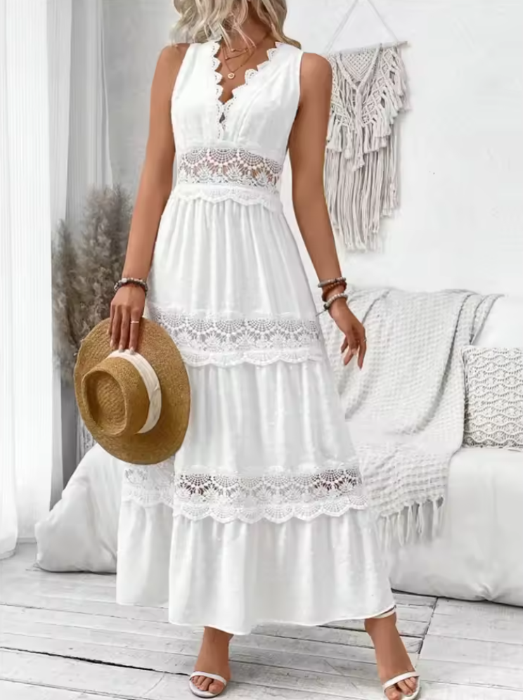 Abito lungo bianco da donna in pizzo