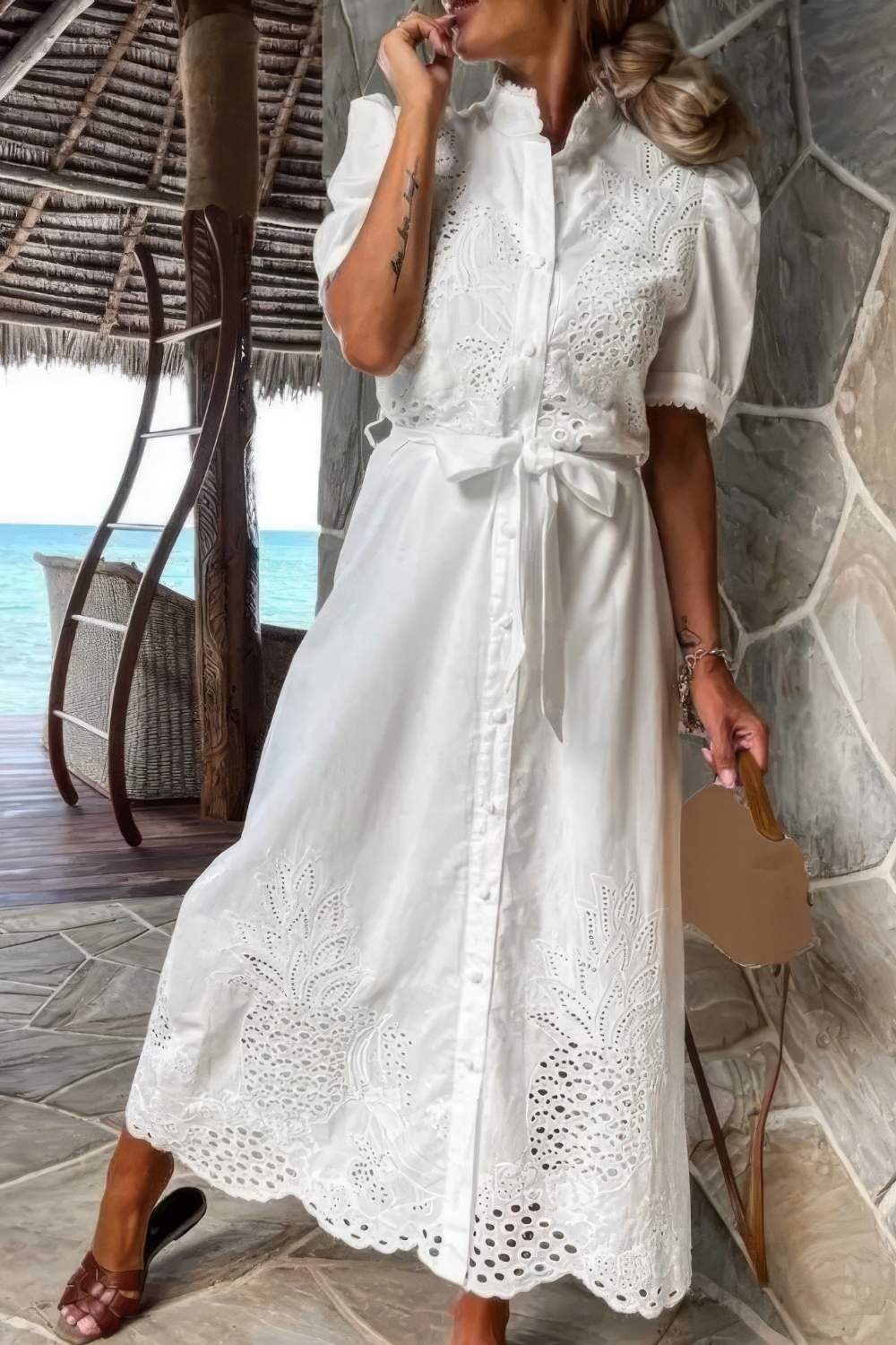 Abito Maxi Bianco da Donna con Dettaglio a Bottoni