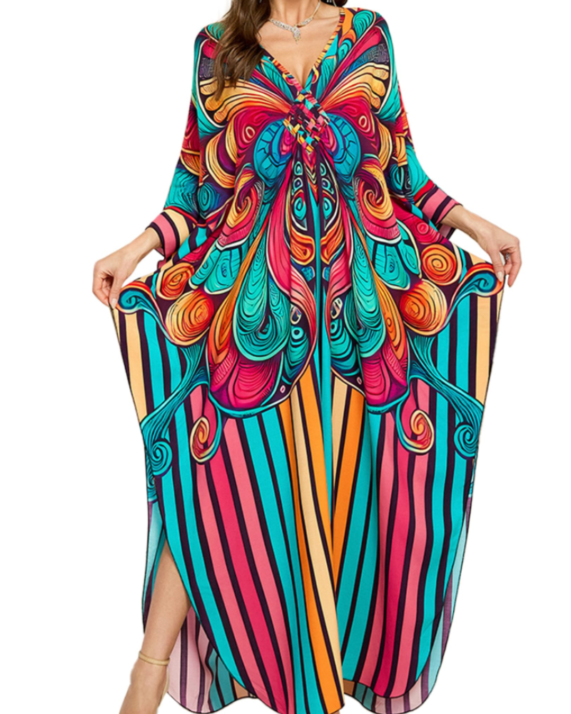 Yana Kaftan Donna Taglia Grande – Abito Maxi da Spiaggia in Viscosa, Scollo a V e Maniche a Pipistrello Bohemien
