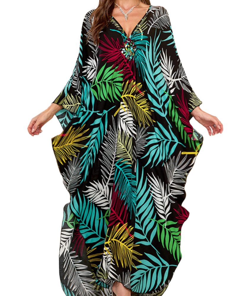 Yana Kaftan Donna Taglia Grande – Abito Maxi da Spiaggia in Viscosa, Scollo a V e Maniche a Pipistrello Bohemien