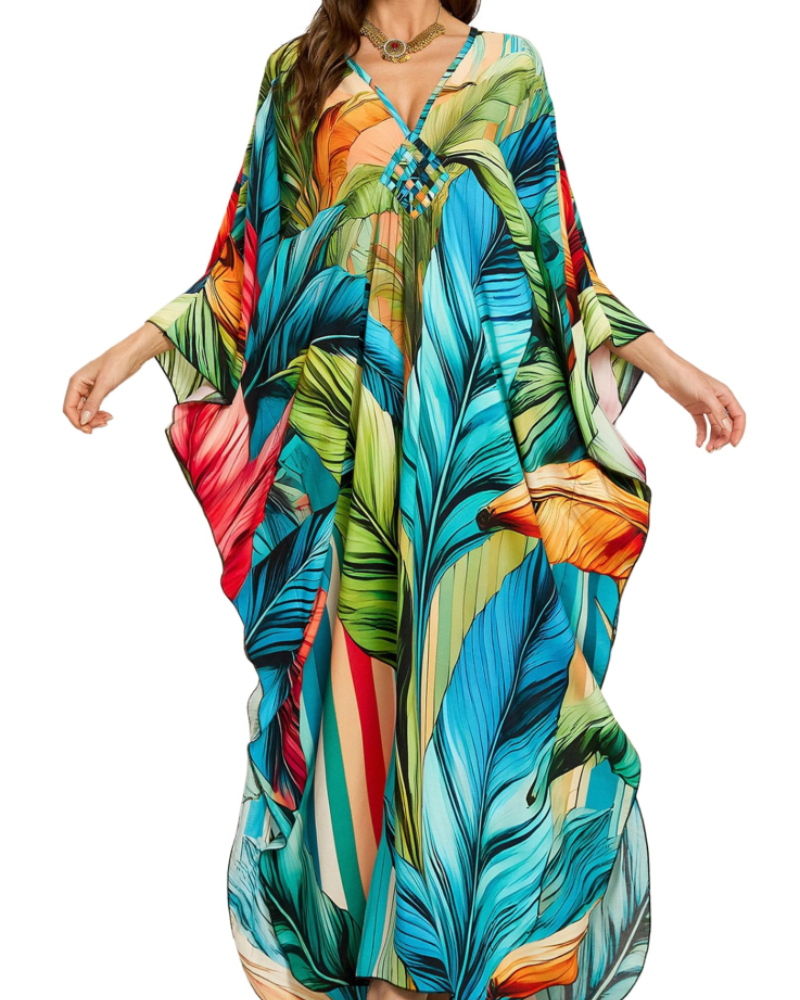 Yana Kaftan Donna Taglia Grande – Abito Maxi da Spiaggia in Viscosa, Scollo a V e Maniche a Pipistrello Bohemien