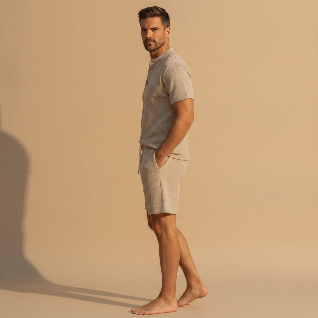 Completo Coordinato Uomo Camicia Lino a Spina e Pantaloncini - vista laterale