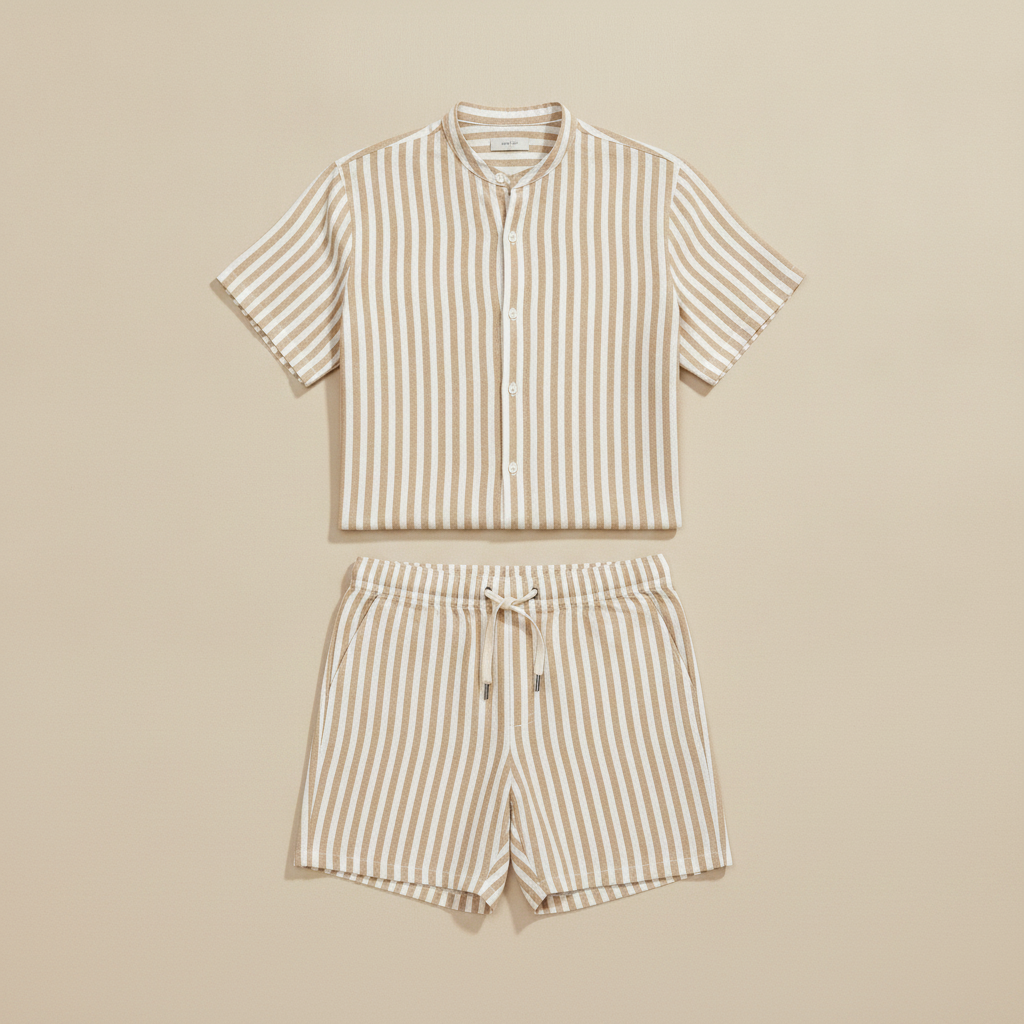 Completo Coordinato Uomo Camicia Lino a Righe e Pantaloncini - Beige e Bianco