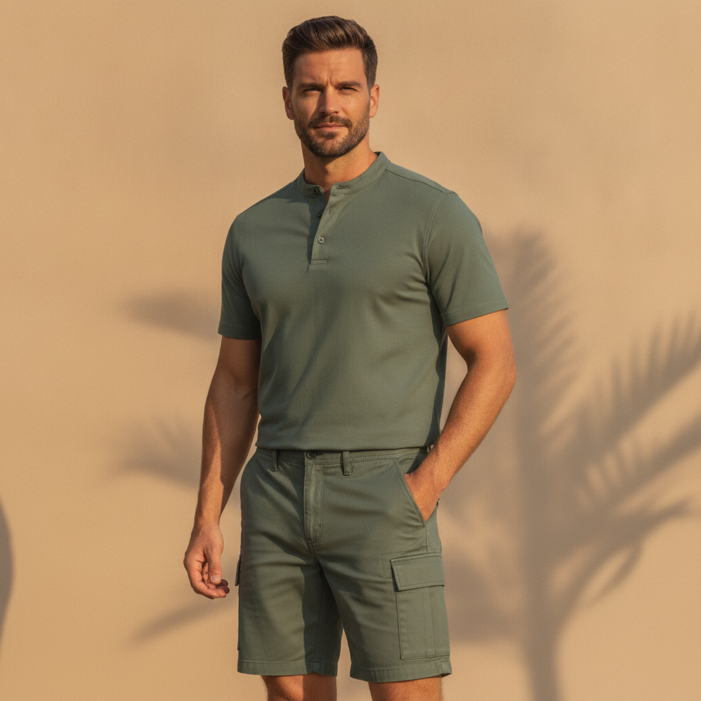 Completo Coordinato Uomo Camicia e Pantaloncini Cargo - Verde Militare - indossato