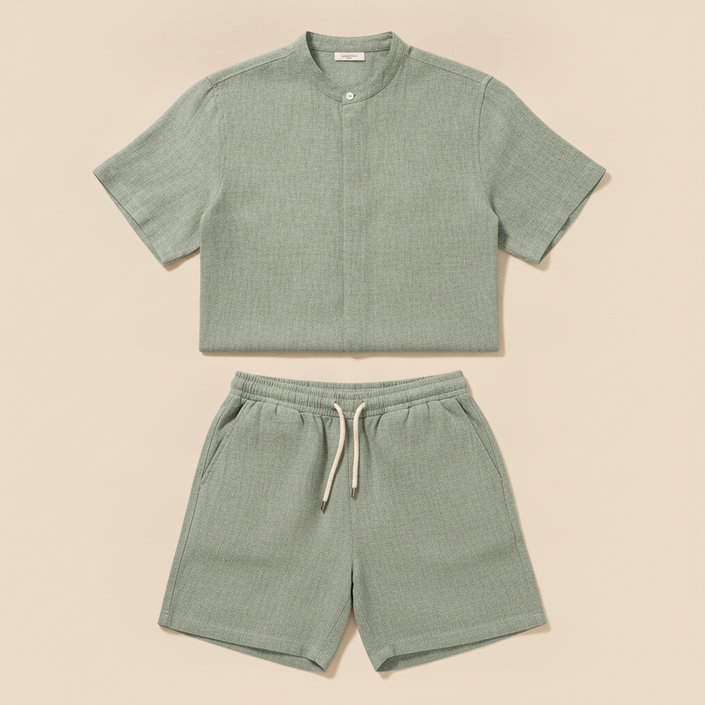 Completo Coordinato Uomo in Lino – Camicia e Pantaloncini Naturali - Verde Salvia