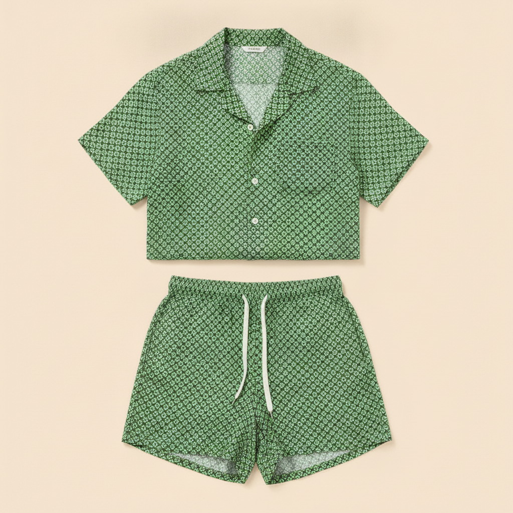 Completo Coordinato Uomo Camicia Geometrica e Pantaloncini - Geometrico Verde